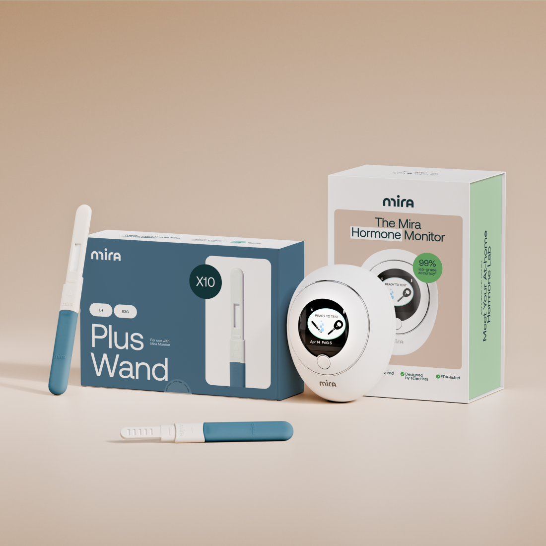 Mira Fertility Hormone Monitor device with Plus Wand test strips box showing LH and E3G tracking for cycle monitoring