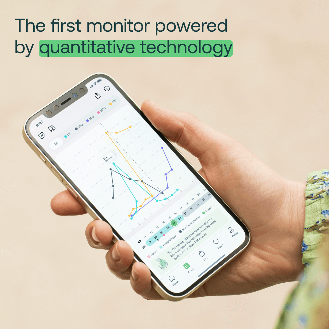 Mira Fertility app displaying quantitative hormone tracking chart with LH, E3G, PDG, and BBT data on smartphone screen