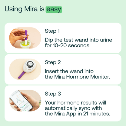 Hand dipping purple test wand in urine cup, inserting wand into white monitor device, and smartphone displaying hormone resul