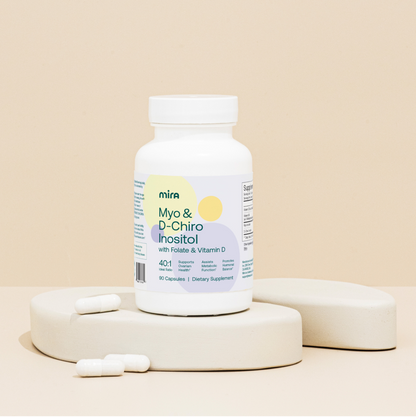 Mira Myo & D-Chiro Inositol supplement bottle with folate and vitamin D, 90 capsules for ovarian and hormonal health support