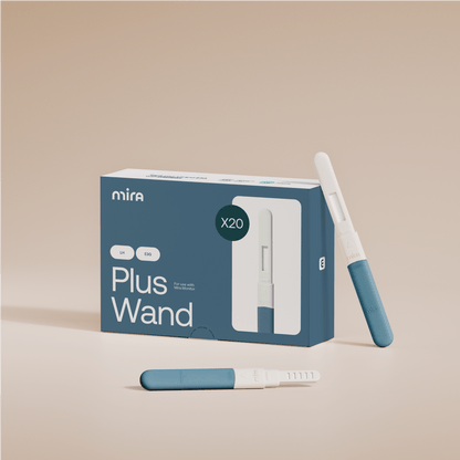Mira Fertility Plus Wand box with X20 quantity and two individual test wands displayed beside it.