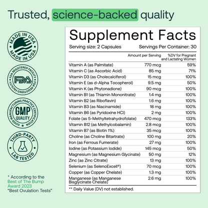 Mira Prenatal Multi-Vitamins supplement facts label showing serving size, nutrient amounts, and daily value percentages for p