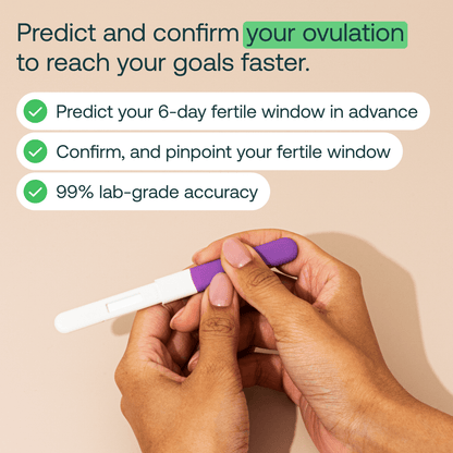 Hand holding white ovulation test wand with purple cap against beige background.