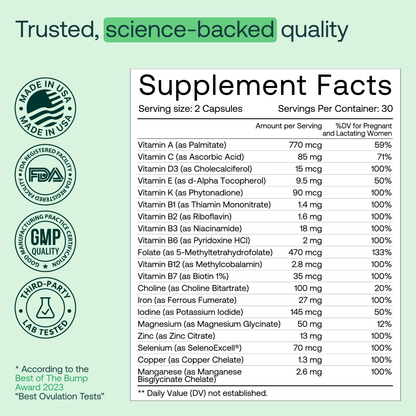 Supplement Facts label for Mira Prenatal Multi-Vitamins showing serving size, nutrient amounts, and daily values for pregnant