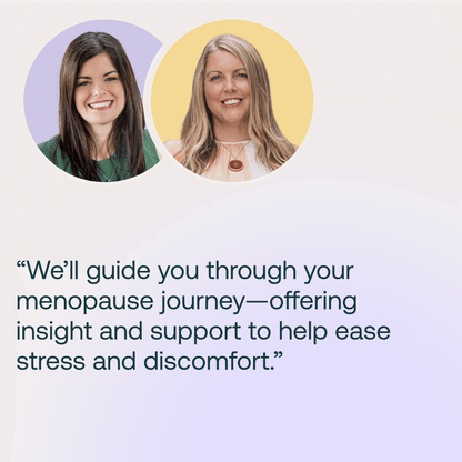 Two menopause health experts smiling, with quote about guiding women through menopause journey with insight and support.