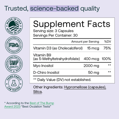 Mira Fertility supplement facts panel showing Myo-Inositol, D-Chiro Inositol, Folate, and Vitamin D3 capsules, FDA registered, GMP certified