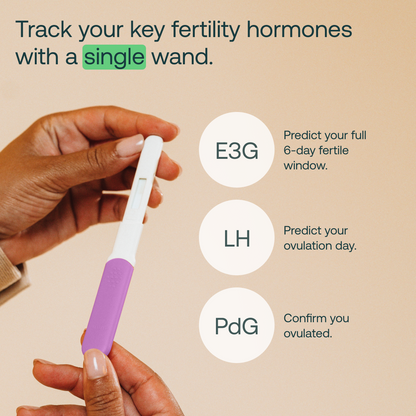 Hand holding white and purple hormone monitor wand against beige background with product information text.