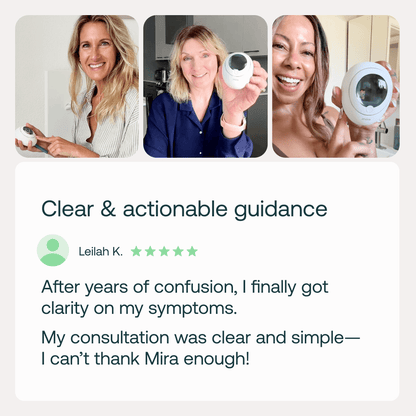 Three women smiling and holding Mira fertility monitors, with a 5-star review praising clear hormonal health guidance