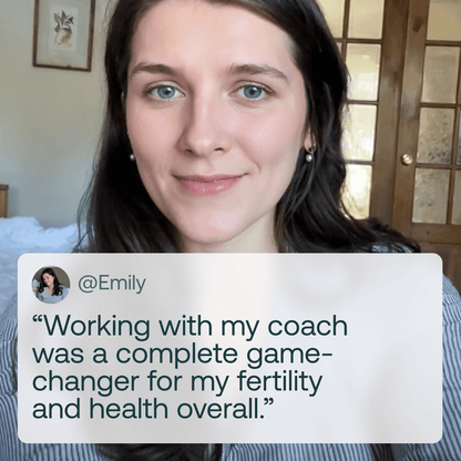 Woman with dark hair and blue eyes smiling at camera with customer testimonial quote below.