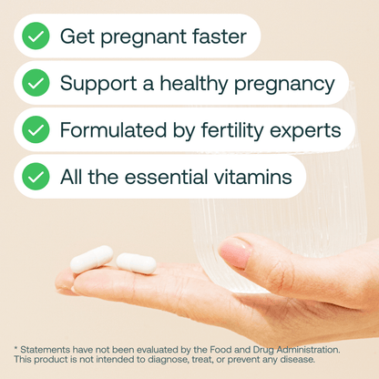 Hand holding white prenatal vitamin capsules with product benefit statements listed above.