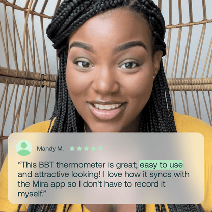 Woman smiling at camera wearing yellow shirt with customer review about basal body thermometer displayed below.