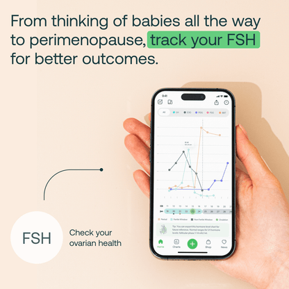 Mira Fertility app displaying FSH hormone tracking chart on smartphone for ovarian health monitoring from fertility to perimenopause