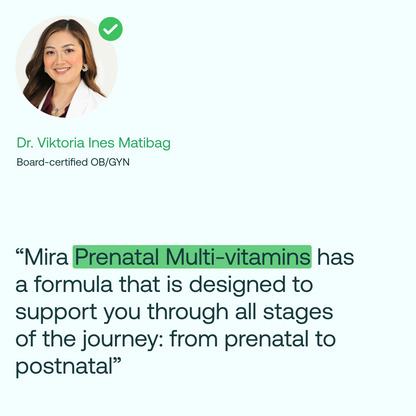 Portrait of Dr. Viktoria Ines Matibag, board-certified OB/GYN, with a green checkmark and testimonial quote about Mira Prenat