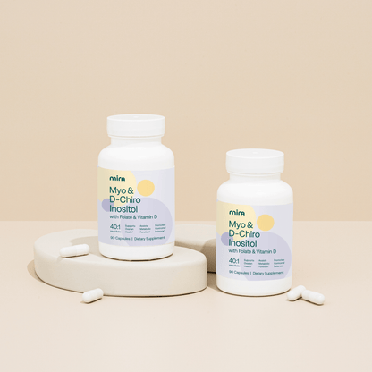 Two bottles of Mira Myo & D-Chiro Inositol supplement capsules with Folate and Vitamin D for hormonal and ovarian health support