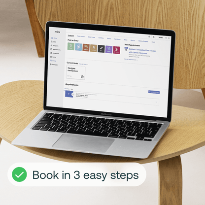 MacBook Air displaying Mira fertility health dashboard with appointment booking and menopause goal tracking — book in 3 easy steps