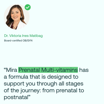 Portrait of Dr. Viktoria Ines Matibag with green checkmark and testimonial text about prenatal vitamins.
