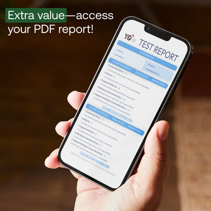Hand holding smartphone displaying a PDF test report with blue headers and text on white background.