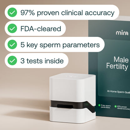 White and black male fertility test device with packaging box displaying product features and checkmarks.