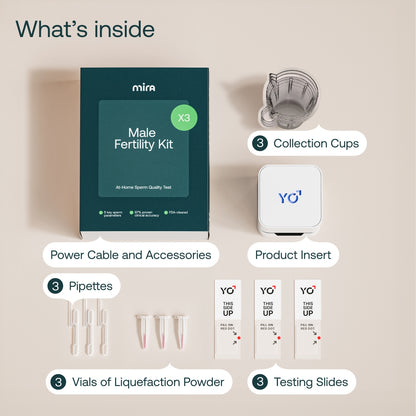 Mira Male Fertility Kit contents laid out including box, collection cups, device, pipettes, vials, testing slides, and access
