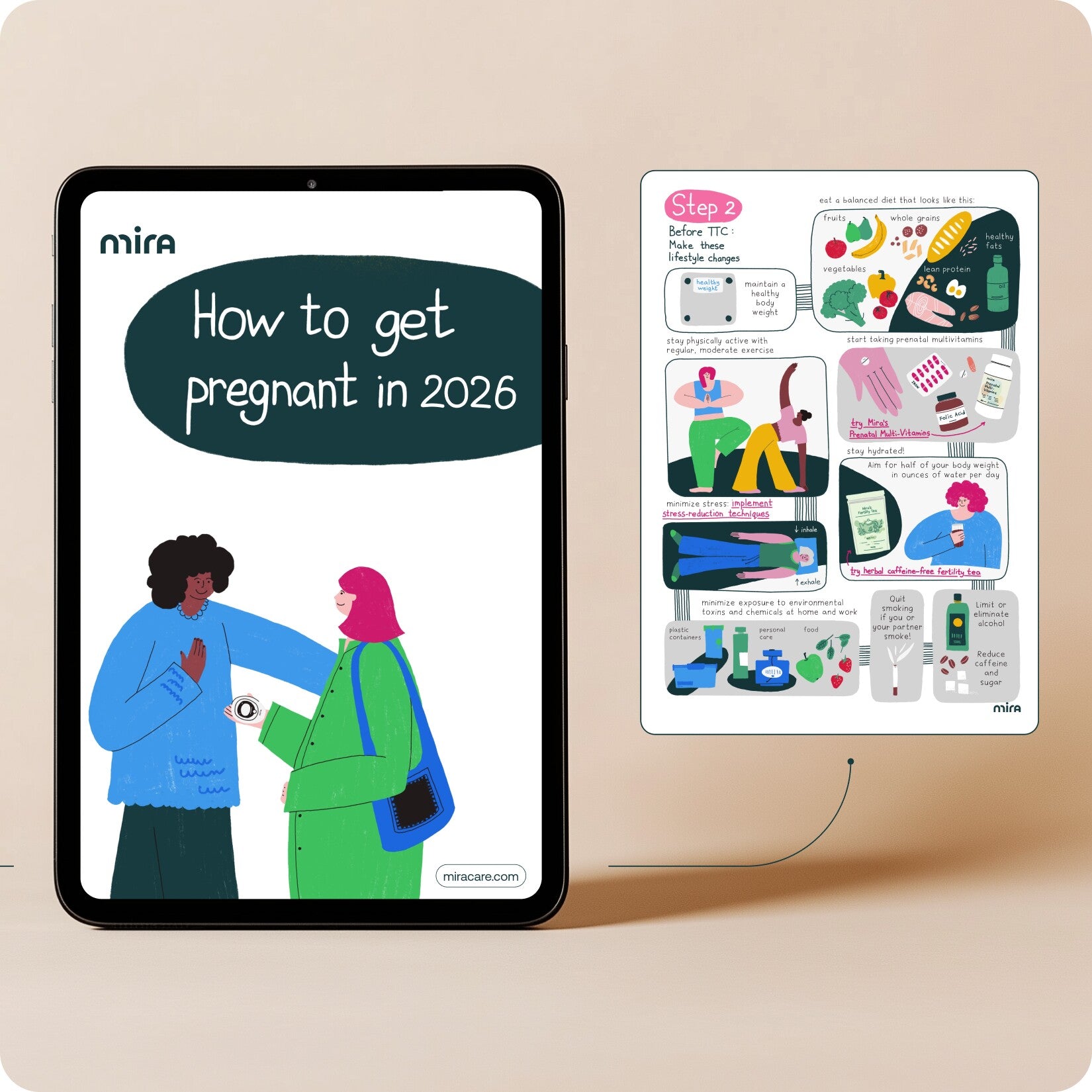 Mira Fertility guide "How to Get Pregnant in 2025" displayed on tablet with lifestyle tips infographic for TTC preparation