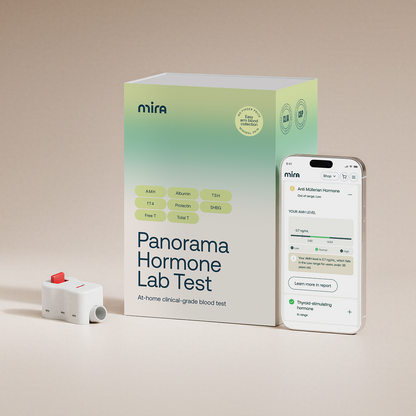 Mira Panorama Hormone Lab Test kit with collection device and smartphone app displaying hormone level results.