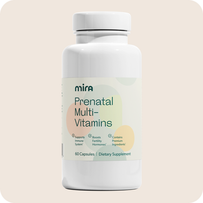 White bottle of Mira Prenatal Multi-Vitamins with green and beige label, 60 capsules, dietary supplement.