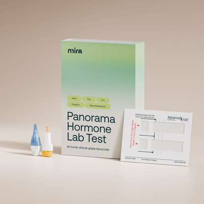 Mira Panorama Hormone Lab Test kit with green box, blood collection supplies, and test result form on tan background.