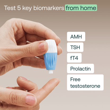 Hand holding white test tube with blue sample fluid, labeled with five biomarkers: AMH, TSH, fT4, Prolactin, Free testosteron