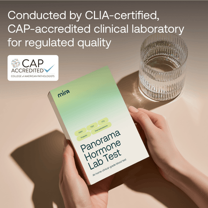 Hand holding Mira Panorama Hormone Lab Test box with collection vial and CAP accreditation logo displayed.