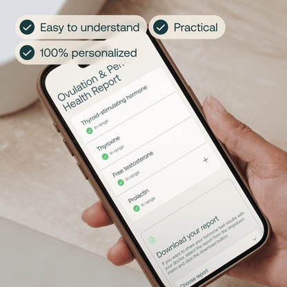 Smartphone displaying ovulation and fertility health report with hormone test results including thyroid-stimulating hormone, 