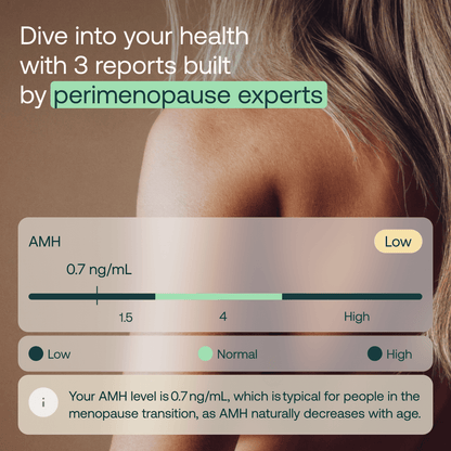 Woman's shoulder and back with AMH fertility test result showing 0.7 ng/mL level on scale from low to high.