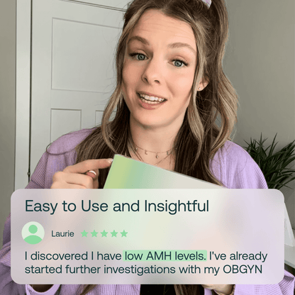 Woman in purple shirt holding green test kit card with customer review displayed below.