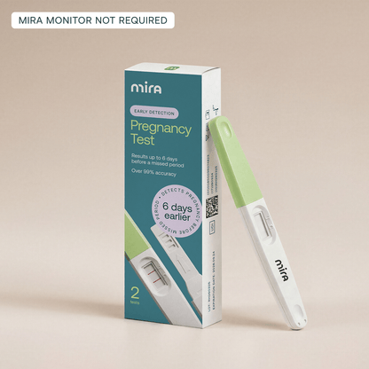 Mira Early Detection Pregnancy Test box with two white test sticks featuring green caps displayed on tan background.
