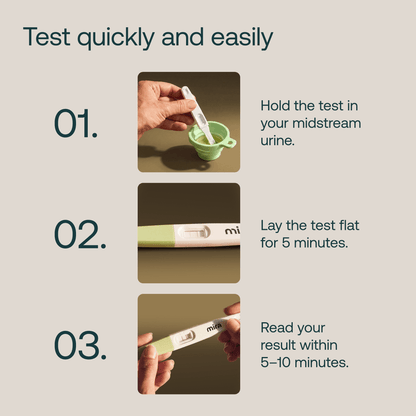 Mira pregnancy test stick with green collection cup and instruction steps for use.