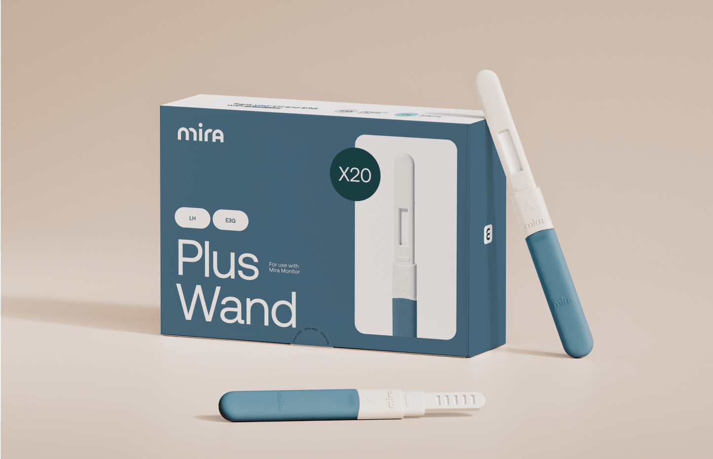 Blue and white Mira Fertility Plus Wand test sticks with packaging box labeled X20.