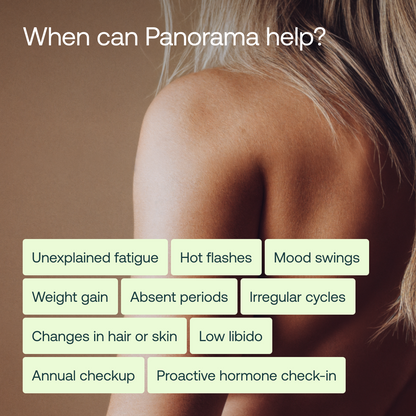 Woman's shoulder and upper back with text describing perimenopause symptoms including fatigue, hot flashes, and mood changes.
