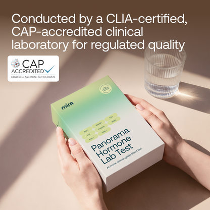 Hands holding white and gradient green Mira Panorama Hormone Lab Test box with water glass in background.