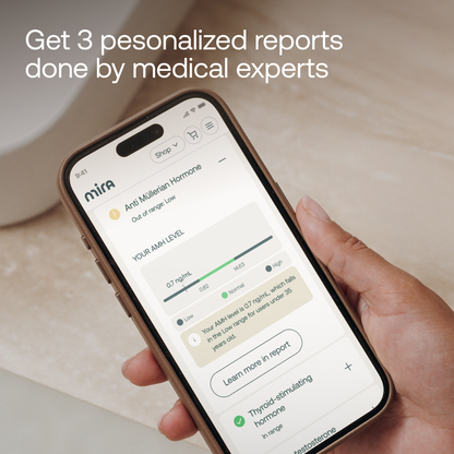 Hand holding smartphone displaying Mira app with hormone level results and test data for Anti-Mullerian Hormone.