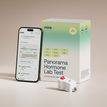 Mira Panorama Fertility Lab Test kit with smartphone app interface, product box, and blood collection device.
