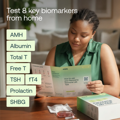 Woman reading Mira Panorama fertility lab test instructions at table with test kit and biomarker list displayed.
