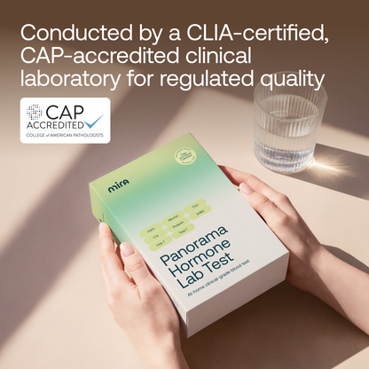 Hands holding a green and white Mira Panorama Hormone Lab Test box with CAP accreditation logo and glass of water in backgrou