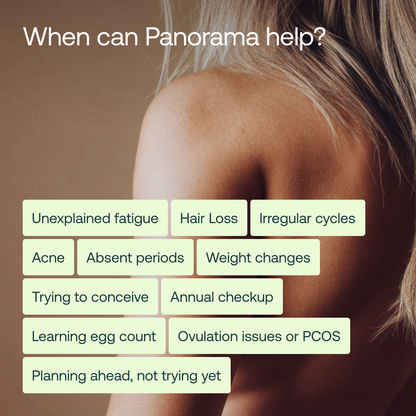 Woman's shoulder and neck with text boxes listing health conditions: unexplained fatigue, hair loss, irregular cycles, acne, 