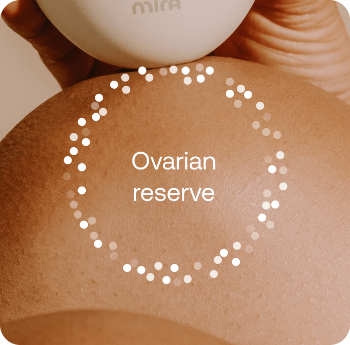 Mira Ultra4 fertility monitor held over abdomen with ovarian health tracking screen and report notification