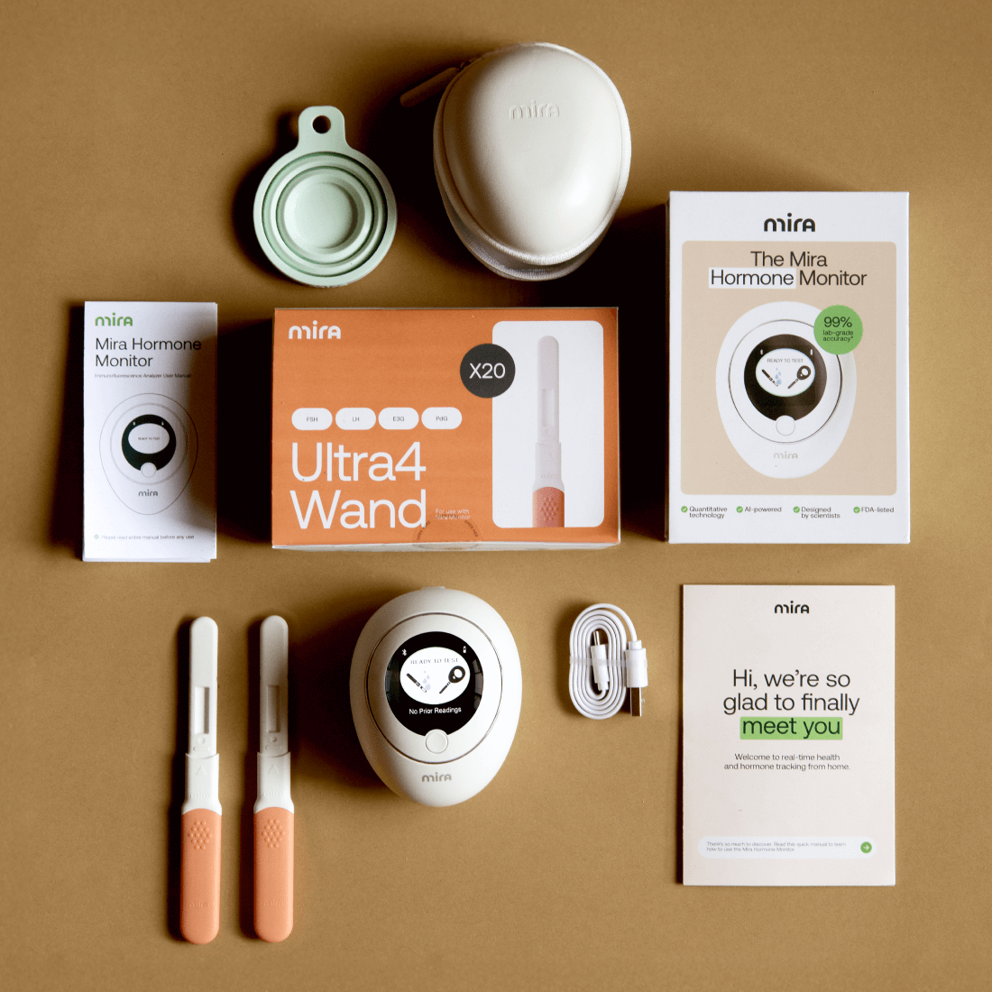 Mira hormone monitoring products including Ultra4 Wand, hormone monitor, the charger and manual 