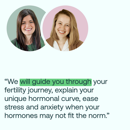Two women in circular portrait photos with a quote about fertility and hormone guidance below.