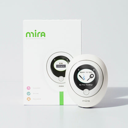 White Mira Starter Kit box with two round white hormone tracking devices displaying test results and readings.