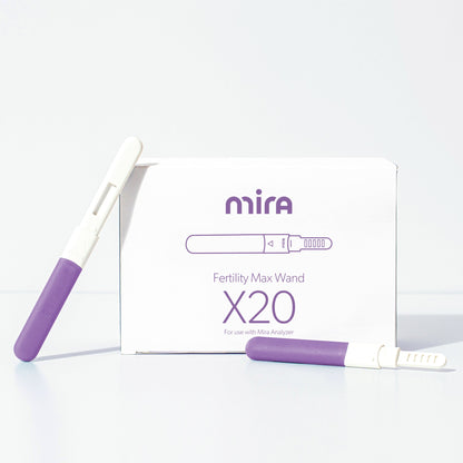 Box of 20 Mira Fertility Max Wands with purple and white test wands displayed beside packaging.