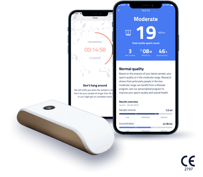 White and tan handheld device with two smartphones displaying test results including sperm count, concentration, and quality 