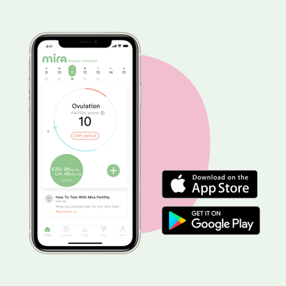 Smartphone displaying Mira fertility app with ovulation tracking data and App Store and Google Play download badges.
